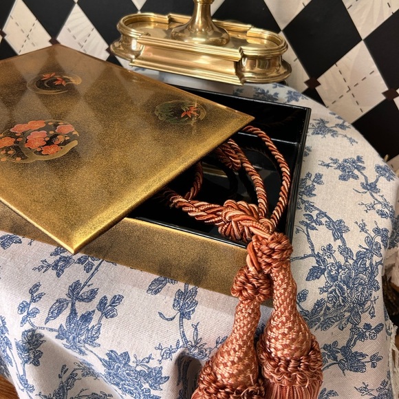 Japanese Gold Lacquered Large Box Black Interior| Cherry Blossoms Storage Decor - Picture 12 of 16